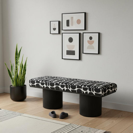 49" White and Black Fabric and Solid Wood Upholstered Bench