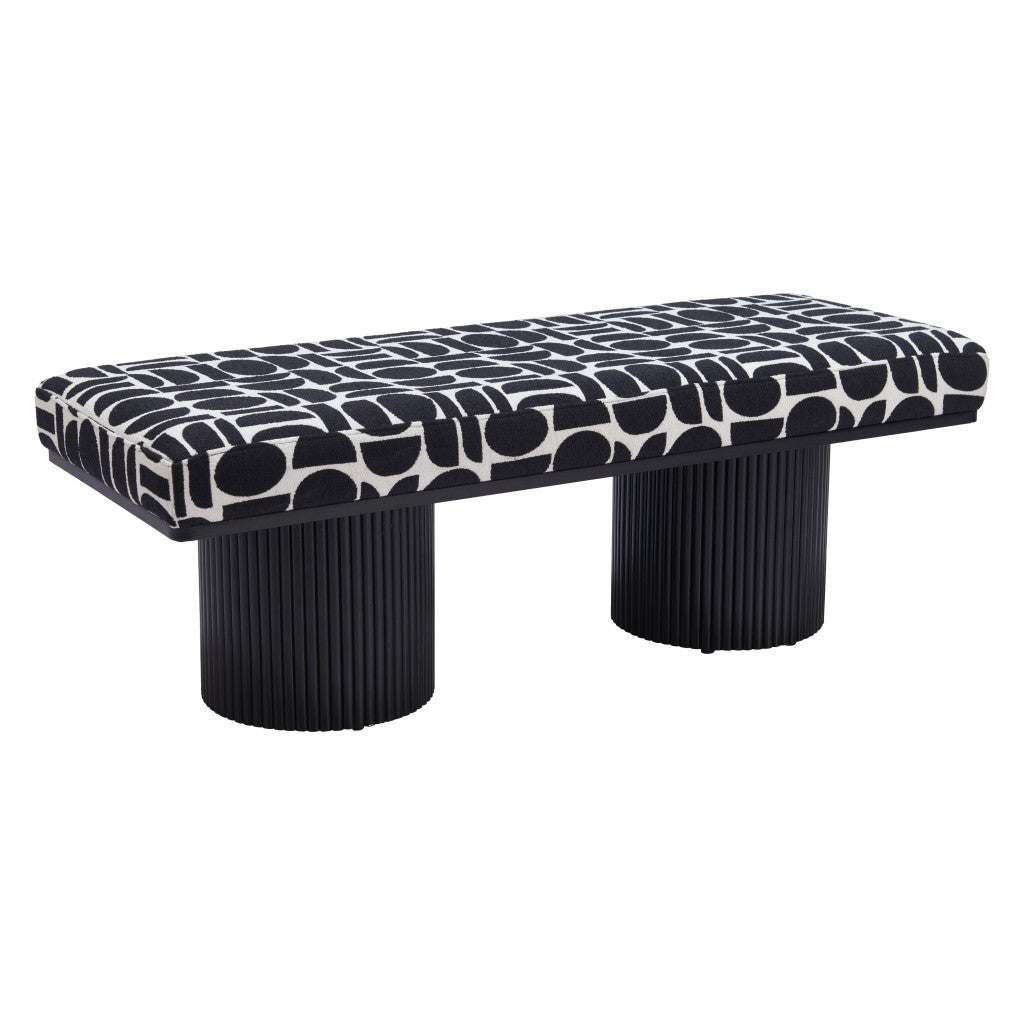49" White and Black Fabric and Solid Wood Upholstered Bench