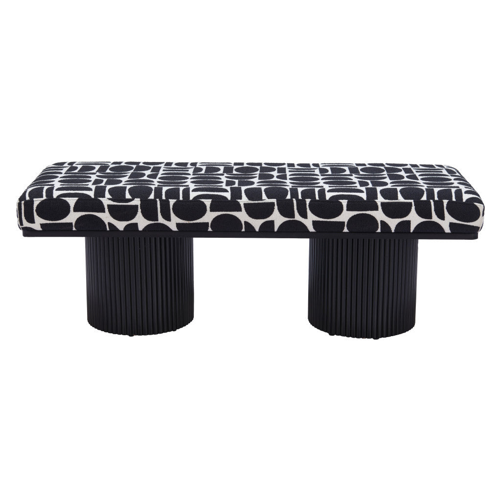 49" White and Black Fabric and Solid Wood Upholstered Bench