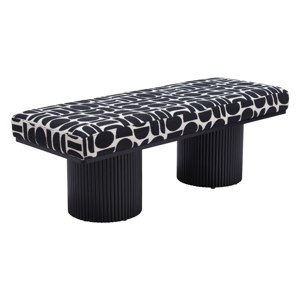 49" White and Black Fabric and Solid Wood Upholstered Bench