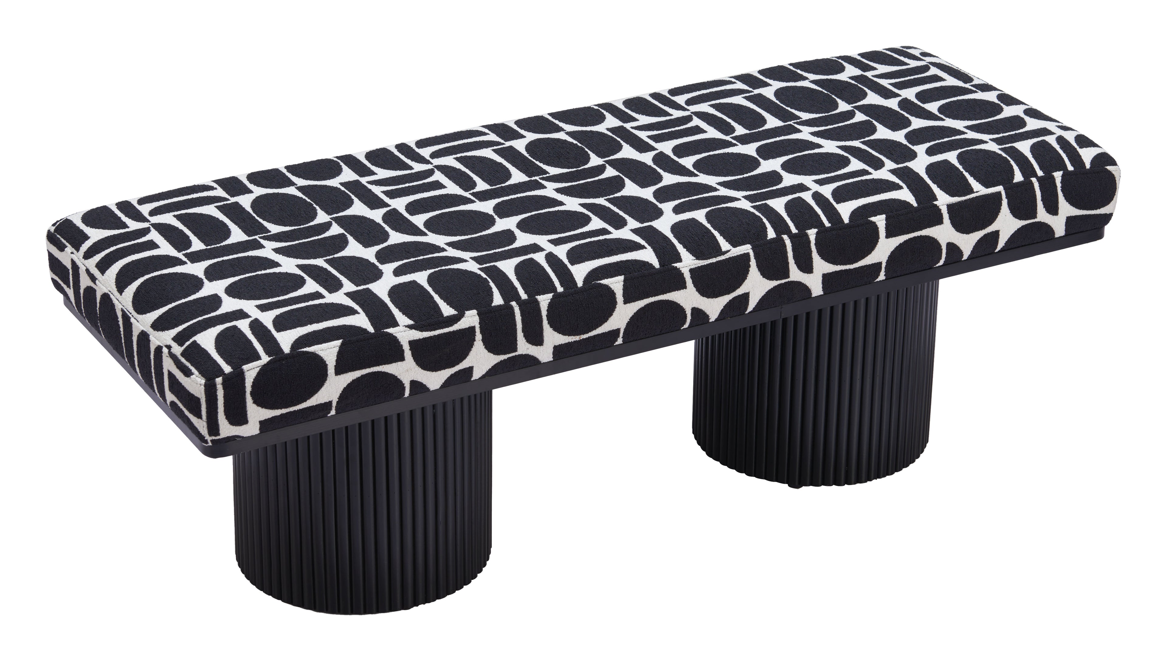 49" White and Black Fabric and Solid Wood Upholstered Bench