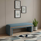 56" Blue and Brown Fabric and Solid Wood Upholstered Bench