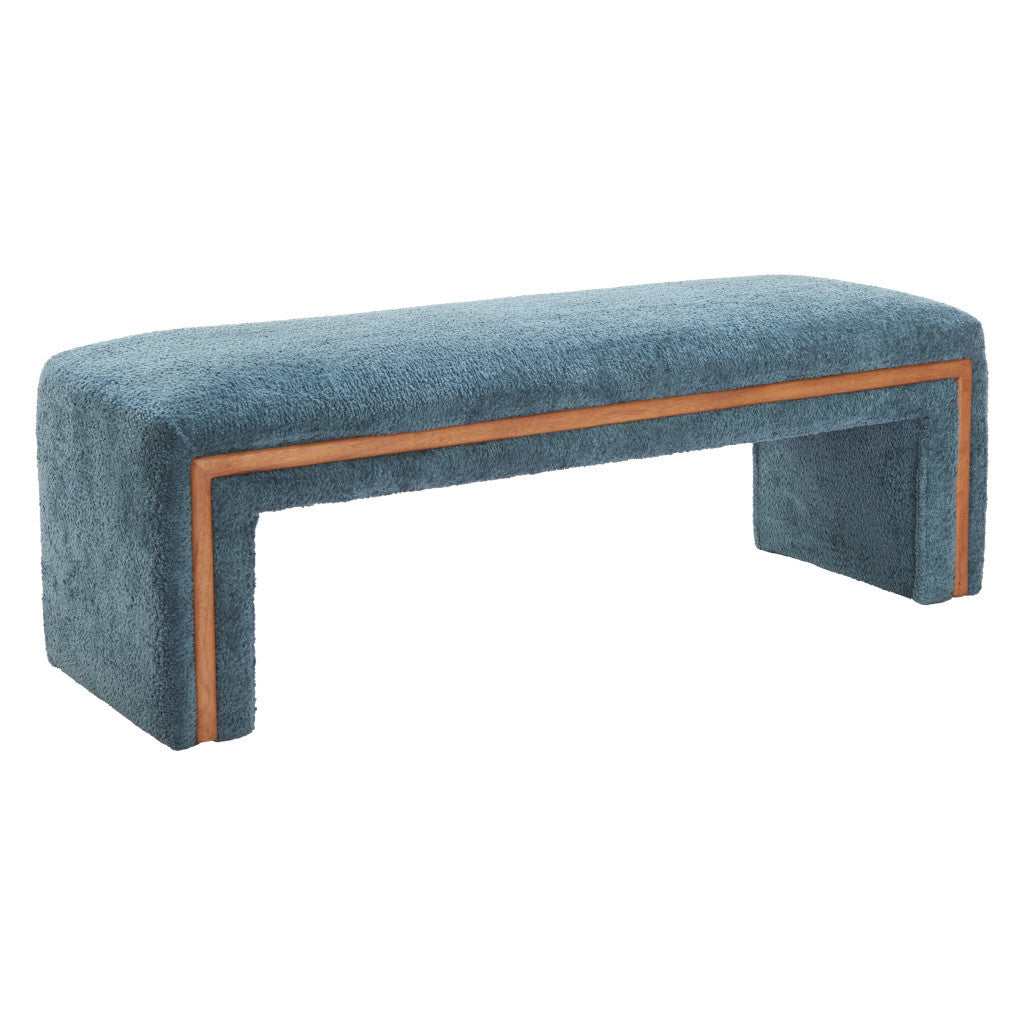 56" Blue and Brown Fabric and Solid Wood Upholstered Bench