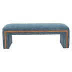 56" Blue and Brown Fabric and Solid Wood Upholstered Bench