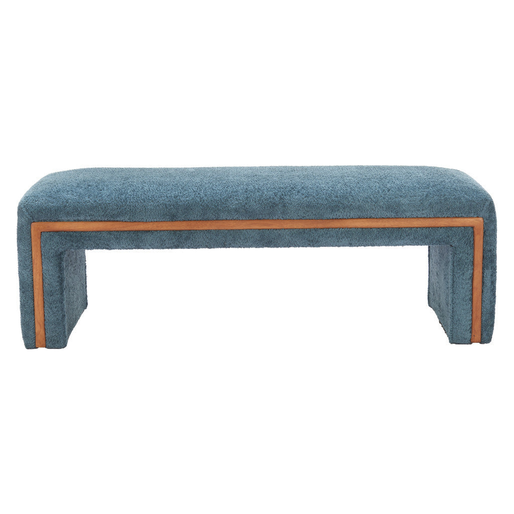 56" Blue and Brown Fabric and Solid Wood Upholstered Bench
