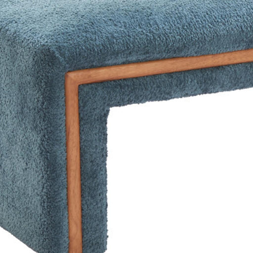 56" Blue and Brown Fabric and Solid Wood Upholstered Bench