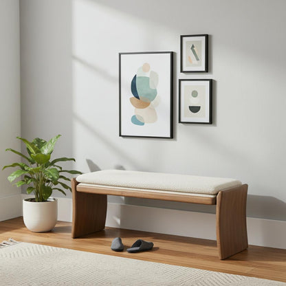 48" Beige and Brown Fabric and Solid Wood Upholstered Bench