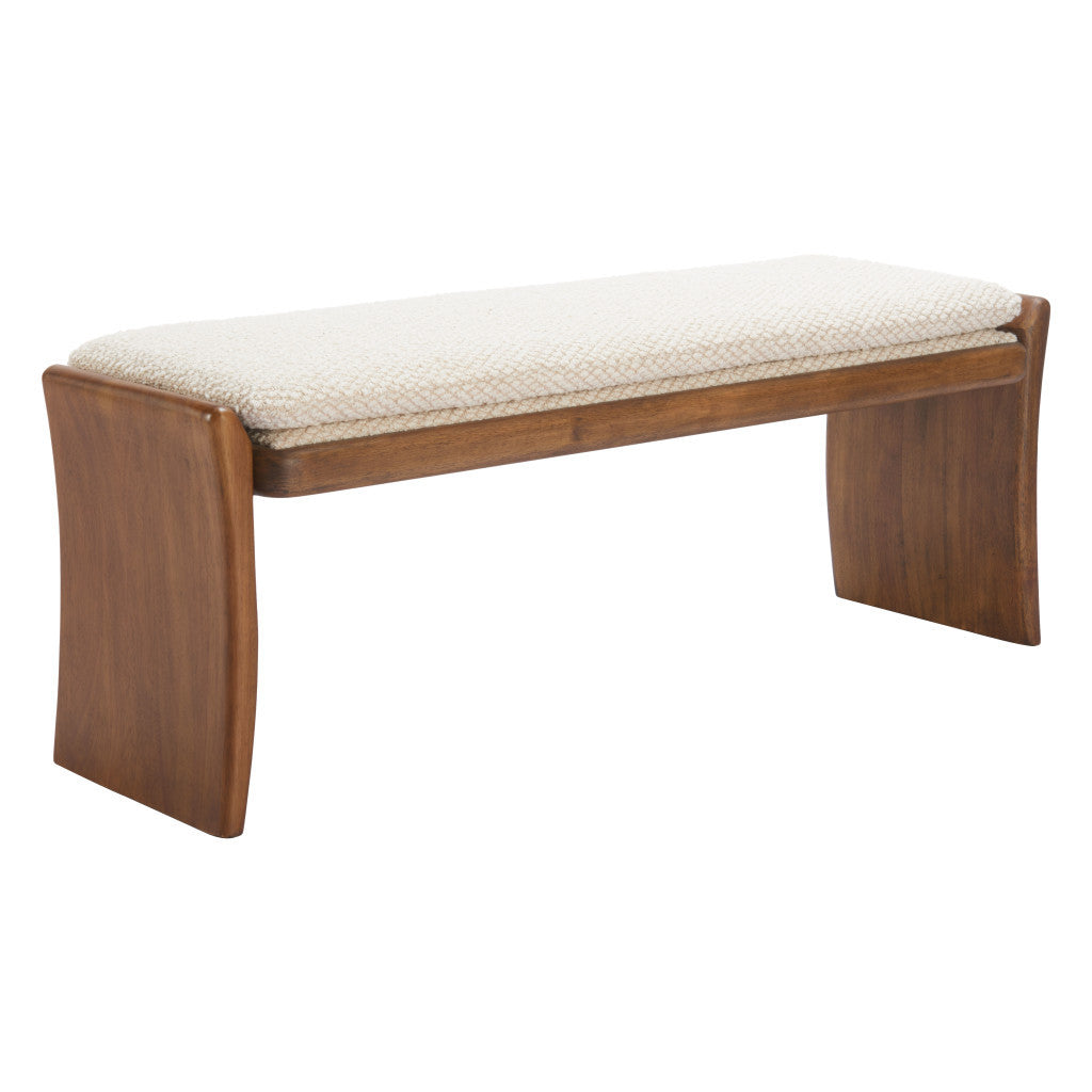48" Beige and Brown Fabric and Solid Wood Upholstered Bench