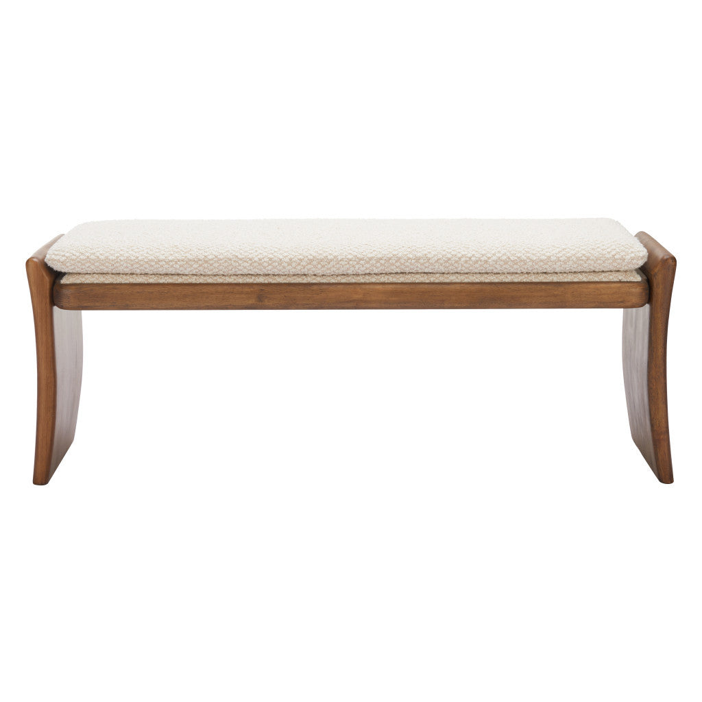 48" Beige and Brown Fabric and Solid Wood Upholstered Bench