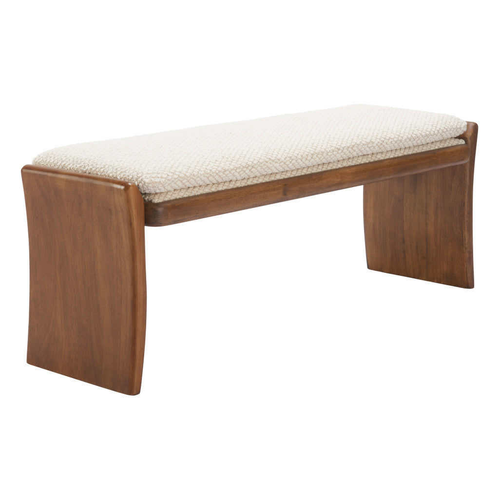 48" Beige and Brown Fabric and Solid Wood Upholstered Bench