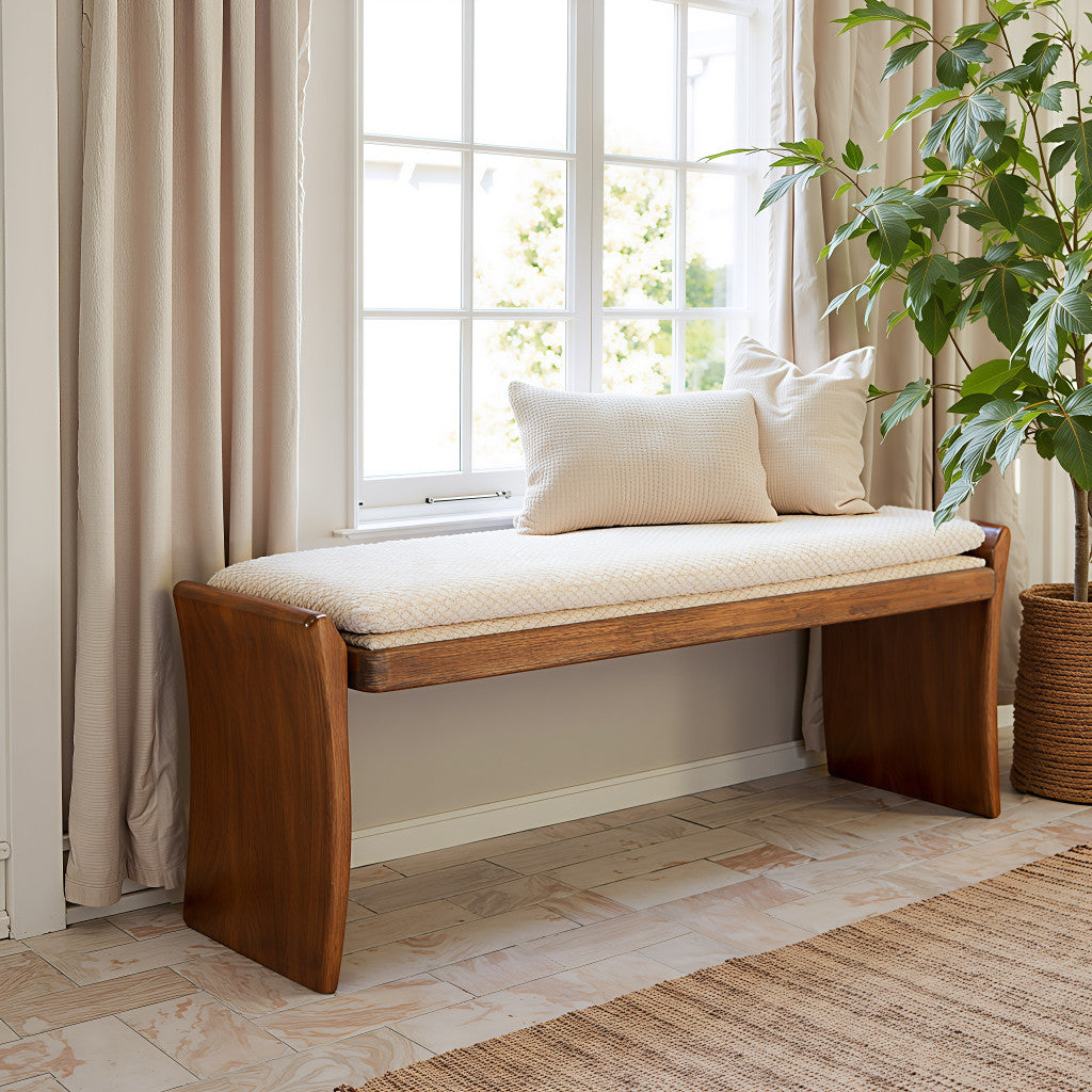 48" Beige and Brown Fabric and Solid Wood Upholstered Bench