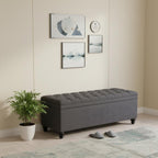 56" Gray and Black Fabric and Solid Wood Upholstered Bench