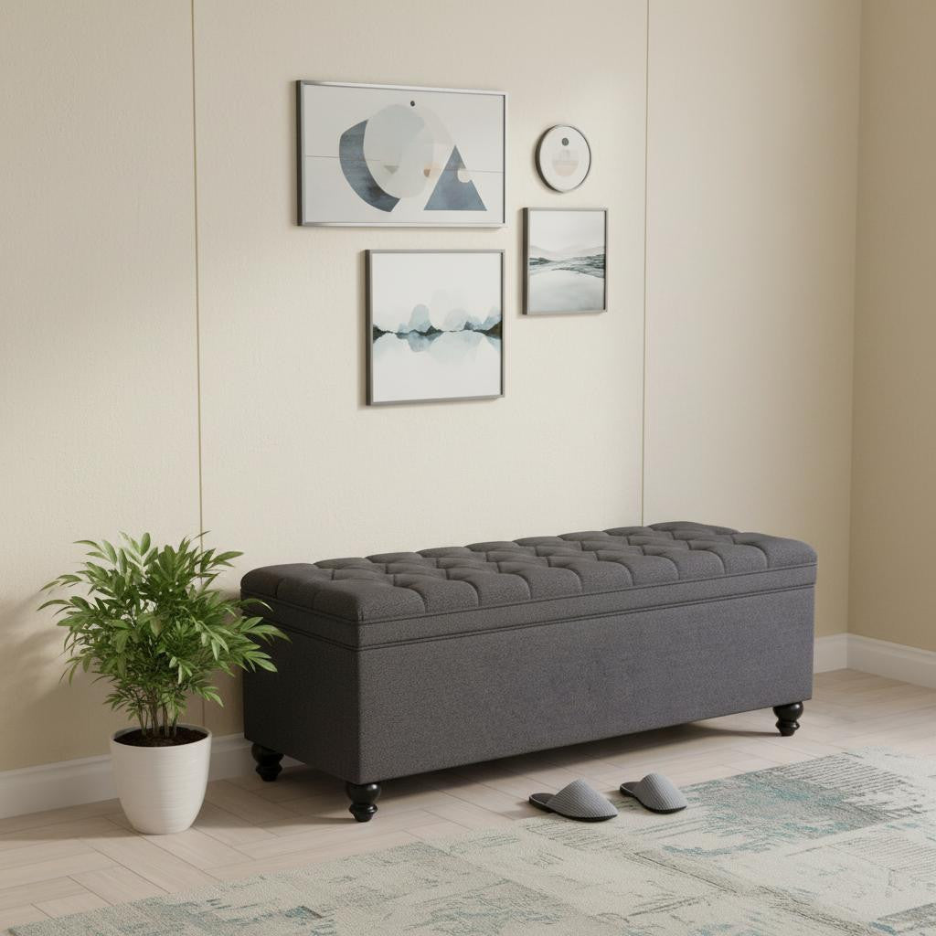 56" Gray and Black Fabric and Solid Wood Upholstered Bench