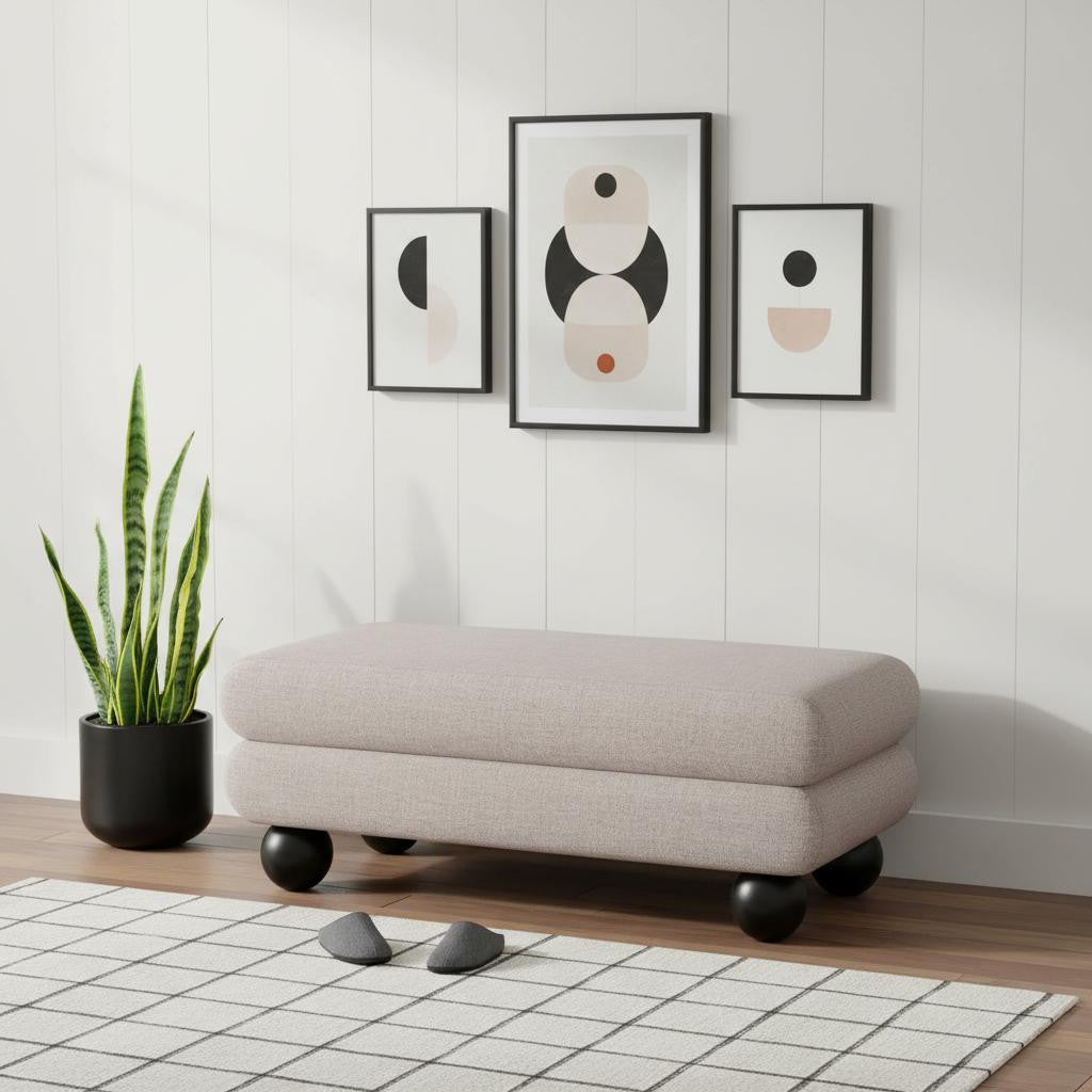 46" Gray and Black Fabric and Solid Wood Upholstered Bench