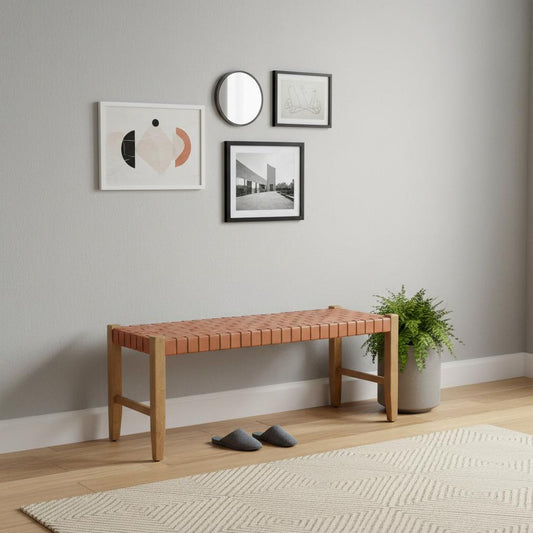 48" Tan and Brown Faux Leather and Solid Wood Upholstered Bench