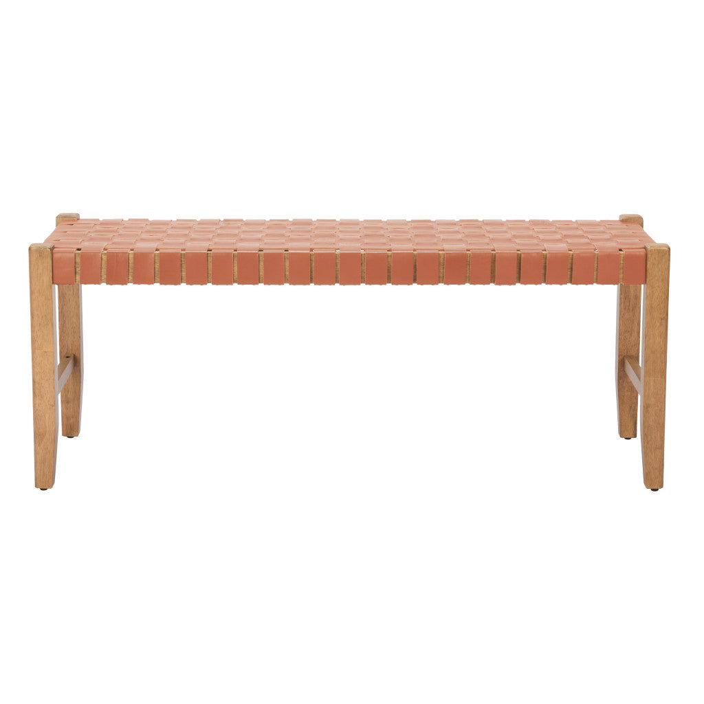 48" Tan and Brown Faux Leather and Solid Wood Upholstered Bench