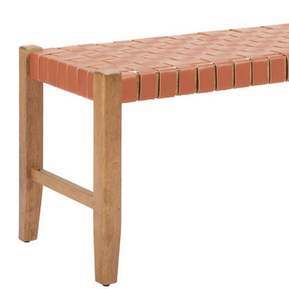 48" Tan and Brown Faux Leather and Solid Wood Upholstered Bench