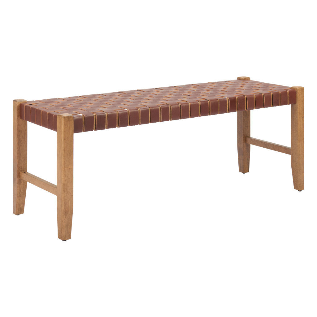 48" Brown Faux Leather and Solid Wood Upholstered Bench
