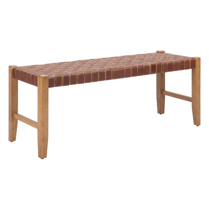 48" Brown Faux Leather and Solid Wood Upholstered Bench