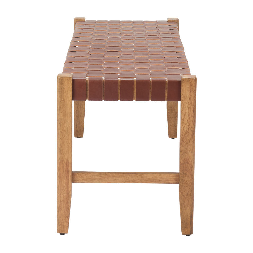 48" Brown Faux Leather and Solid Wood Upholstered Bench