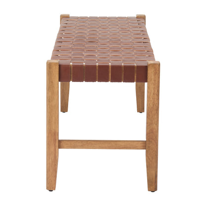 48" Brown Faux Leather and Solid Wood Upholstered Bench