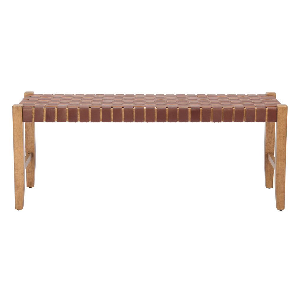 48" Brown Faux Leather and Solid Wood Upholstered Bench