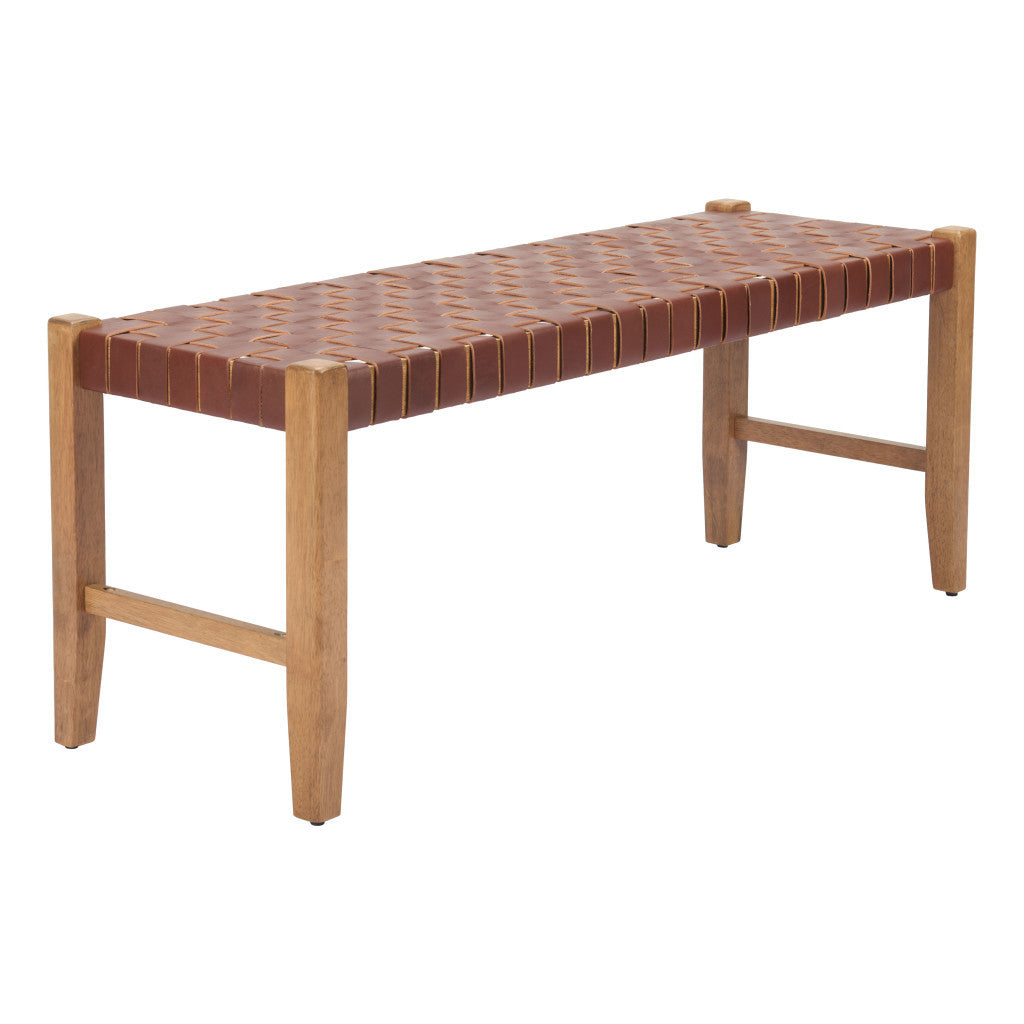 48" Brown Faux Leather and Solid Wood Upholstered Bench
