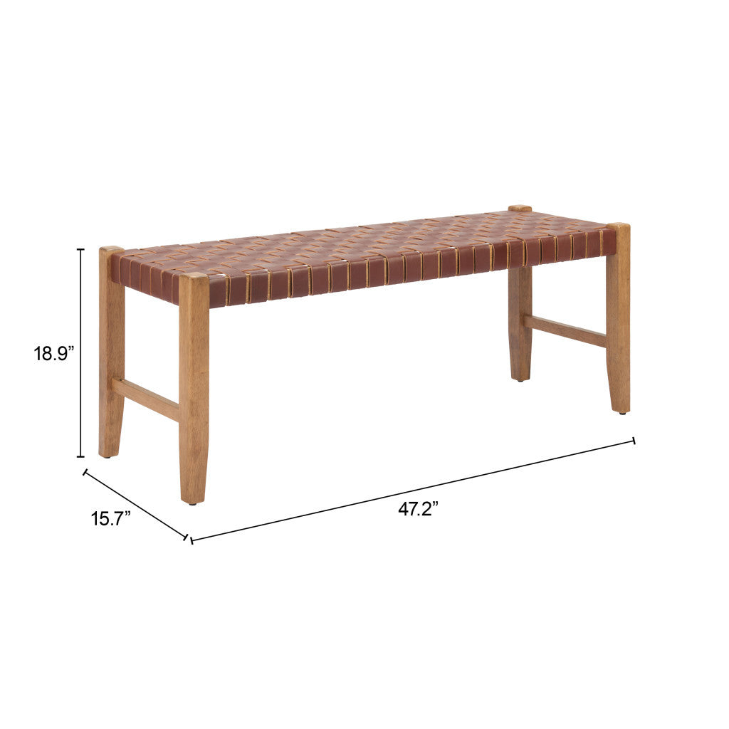 48" Brown Faux Leather and Solid Wood Upholstered Bench
