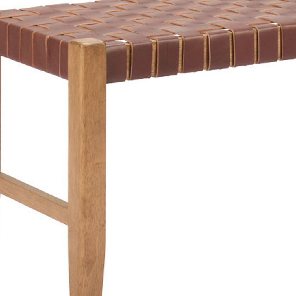 48" Brown Faux Leather and Solid Wood Upholstered Bench