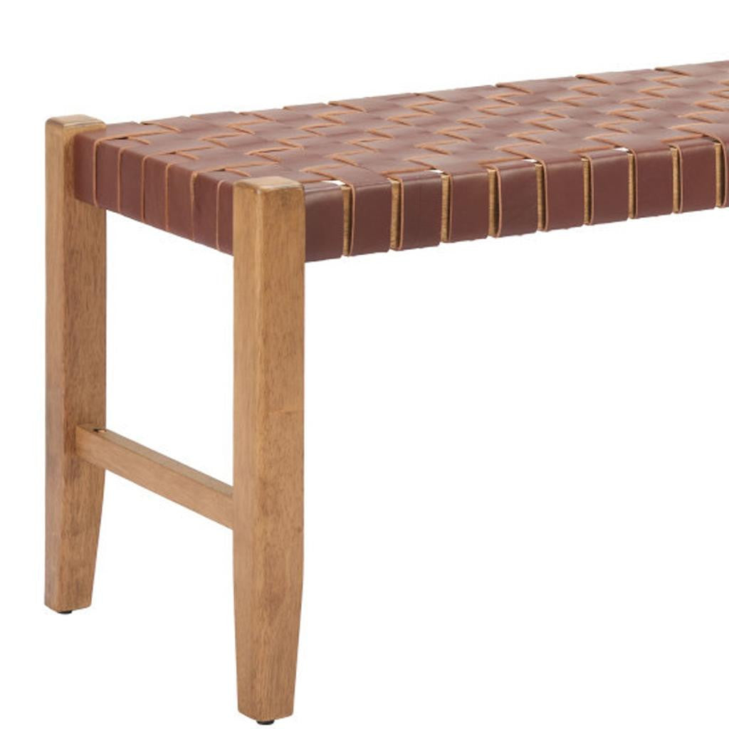 48" Brown Faux Leather and Solid Wood Upholstered Bench