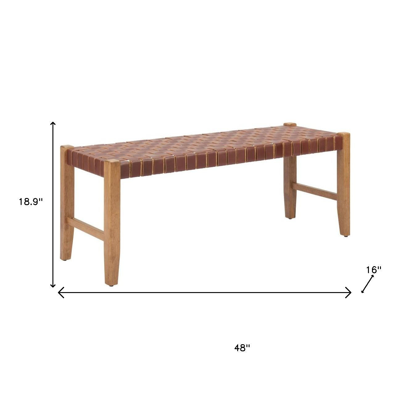 48" Brown Faux Leather and Solid Wood Upholstered Bench