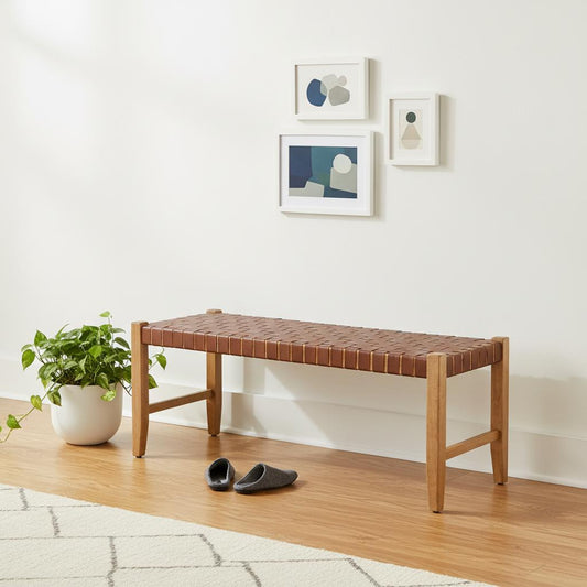 48" Brown Faux Leather and Solid Wood Upholstered Bench