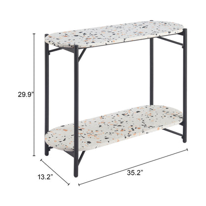 36" White and Black Faux Terrazzo and Steel Oval Console Table With Shelf