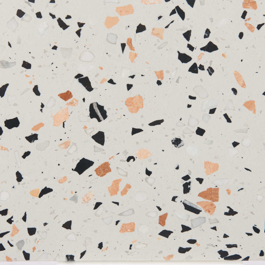 36" White and Black Faux Terrazzo and Steel Oval Console Table With Shelf