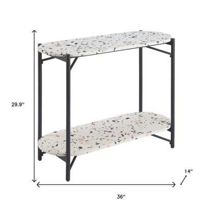 36" White and Black Faux Terrazzo and Steel Oval Console Table With Shelf