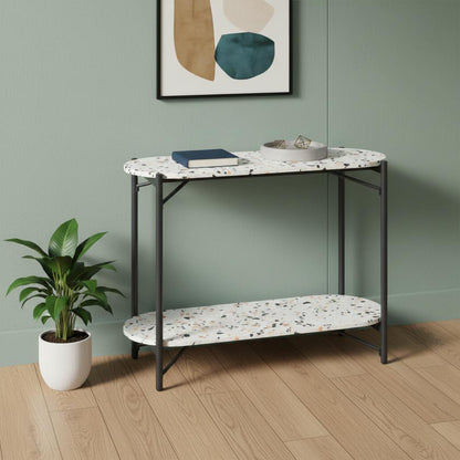 36" White and Black Faux Terrazzo and Steel Oval Console Table With Shelf