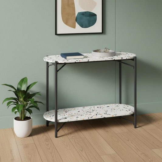 36" White and Black Faux Terrazzo and Steel Oval Console Table With Shelf