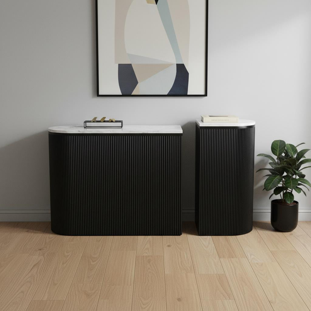 Set of Two 35" White and Black Genuine Marble and Solid Wood Oval Solid Console Tables