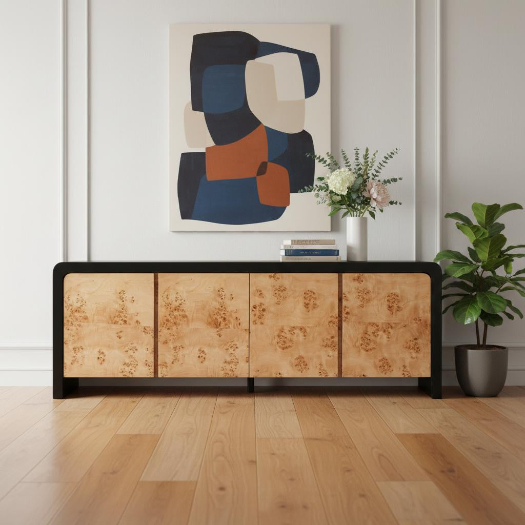 67" Black And Natural Solid Wood Sideboard with Four Doors