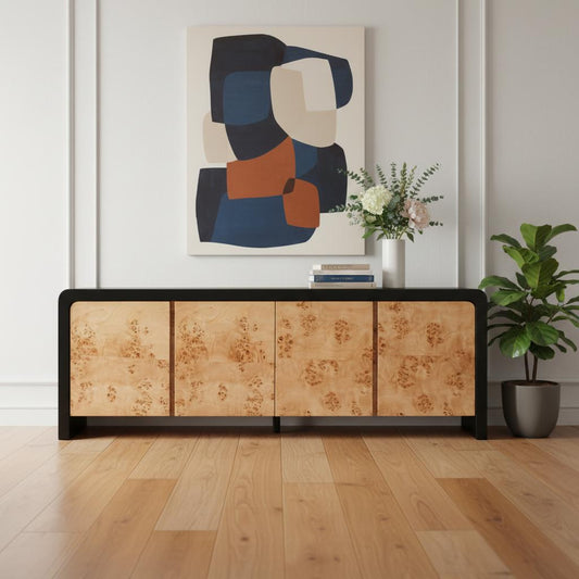 67" Black And Natural Solid Wood Sideboard with Four Doors