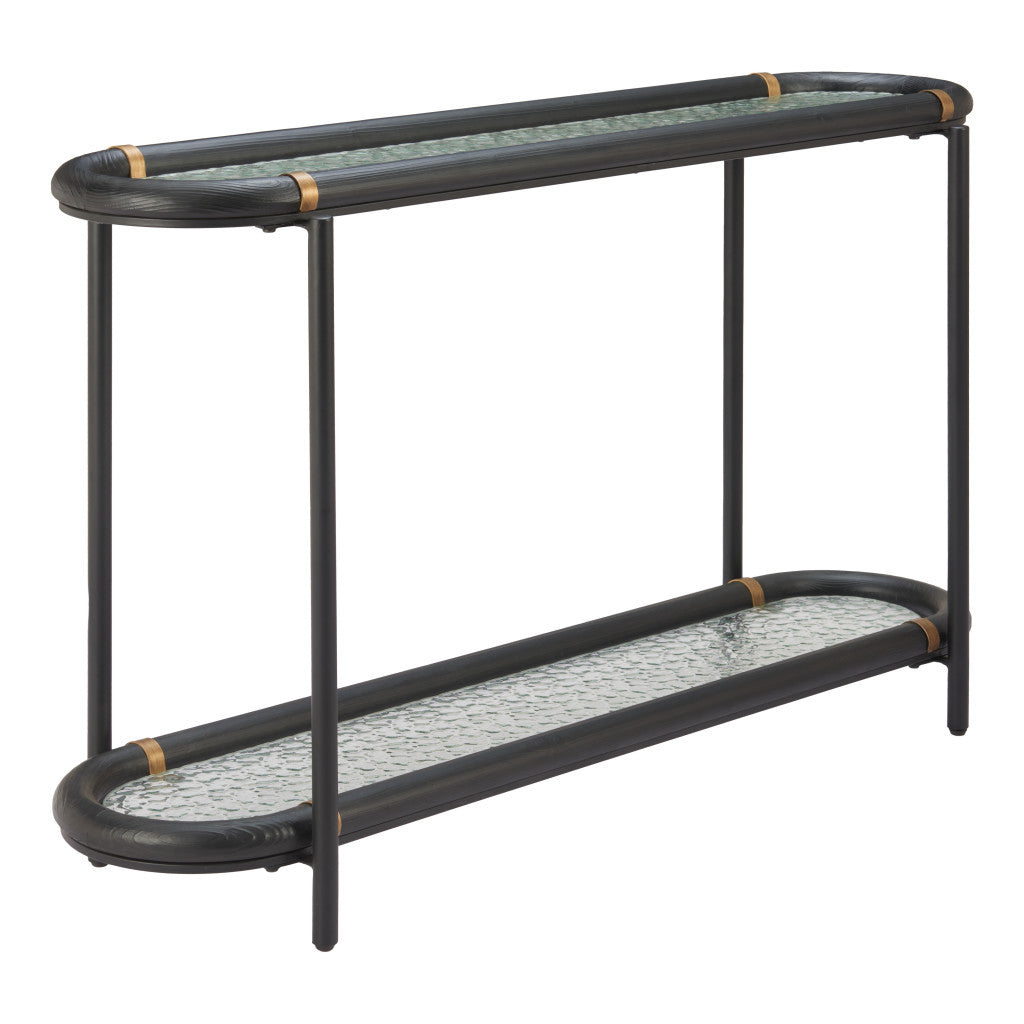 52" Black and Clear Glass Solid Wood and Steel Oval Console Table With Shelf