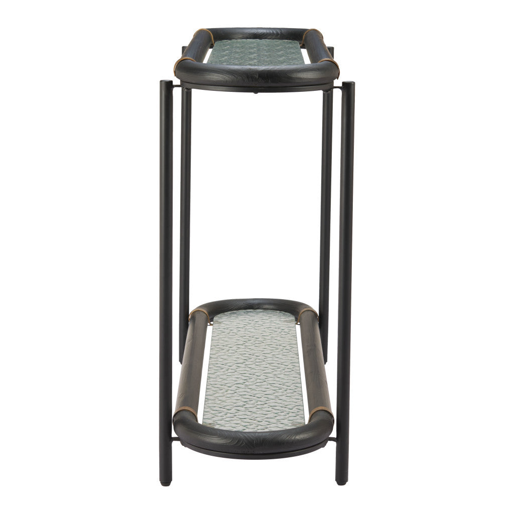 52" Black and Clear Glass Solid Wood and Steel Oval Console Table With Shelf