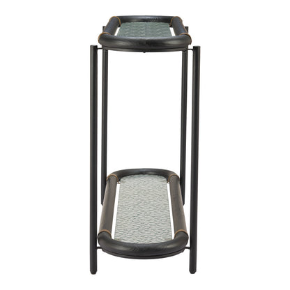 52" Black and Clear Glass Solid Wood and Steel Oval Console Table With Shelf