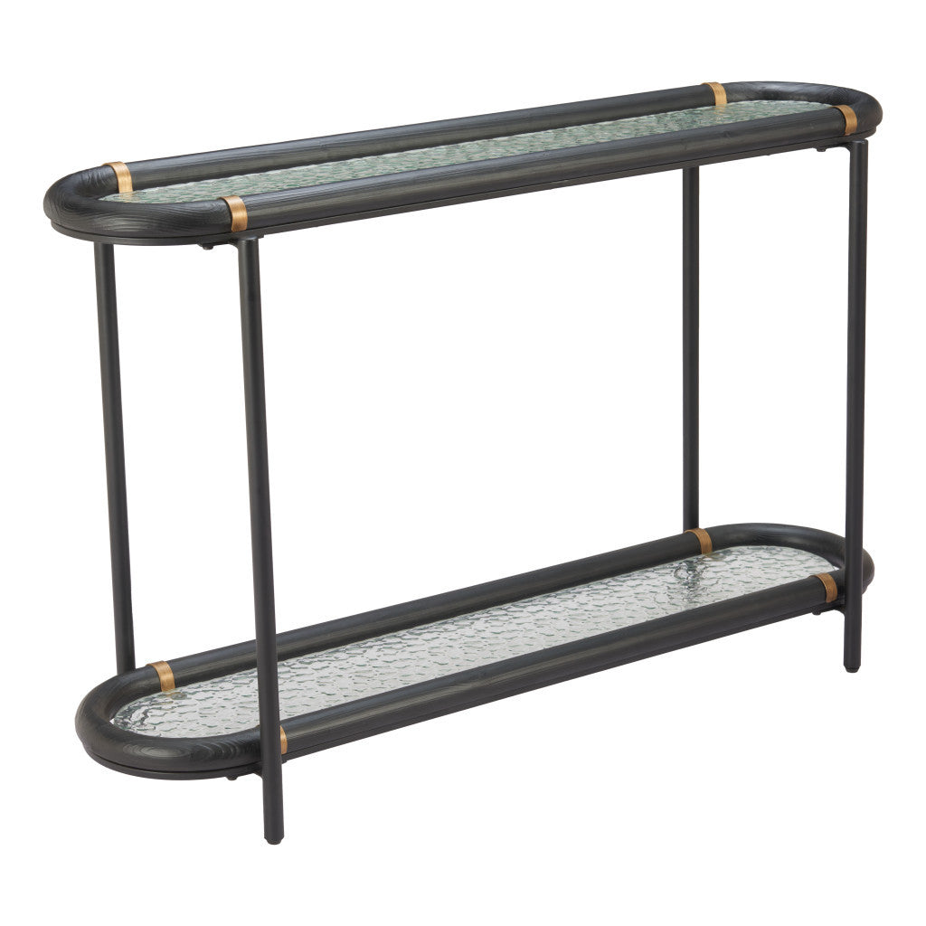 52" Black and Clear Glass Solid Wood and Steel Oval Console Table With Shelf