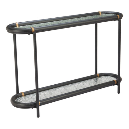 52" Black and Clear Glass Solid Wood and Steel Oval Console Table With Shelf