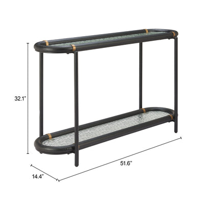 52" Black and Clear Glass Solid Wood and Steel Oval Console Table With Shelf