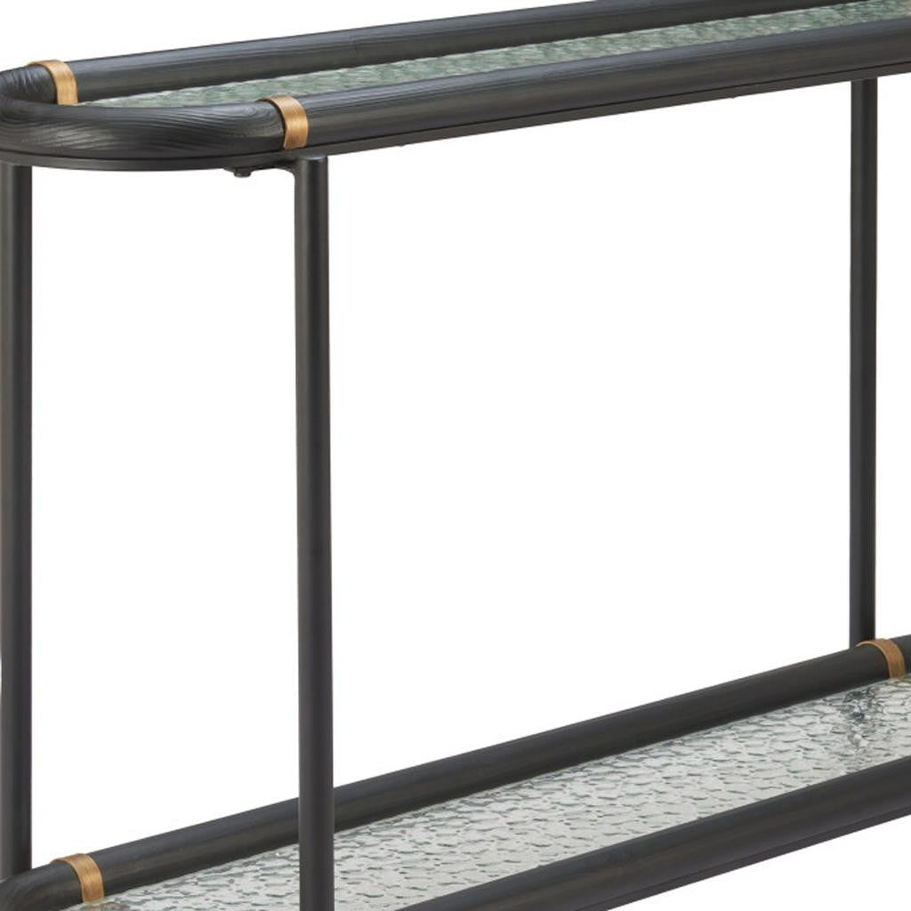 52" Black and Clear Glass Solid Wood and Steel Oval Console Table With Shelf
