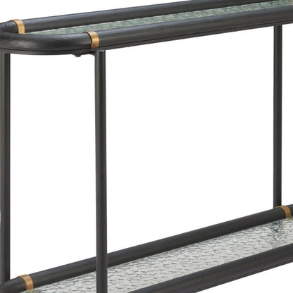 52" Black and Clear Glass Solid Wood and Steel Oval Console Table With Shelf