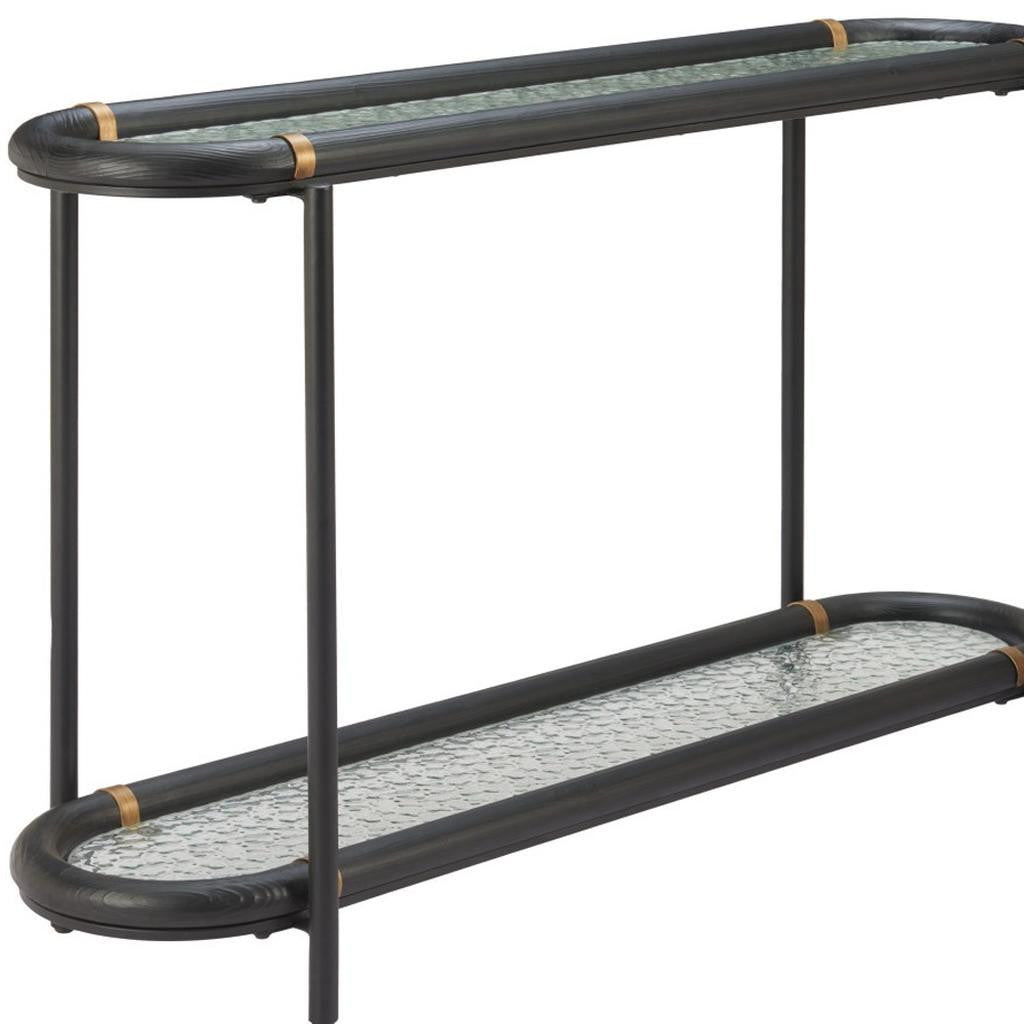 52" Black and Clear Glass Solid Wood and Steel Oval Console Table With Shelf