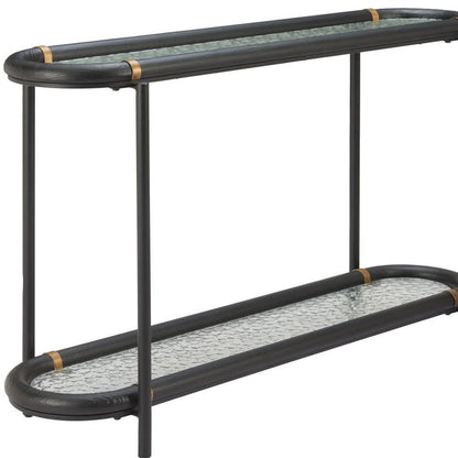 52" Black and Clear Glass Solid Wood and Steel Oval Console Table With Shelf